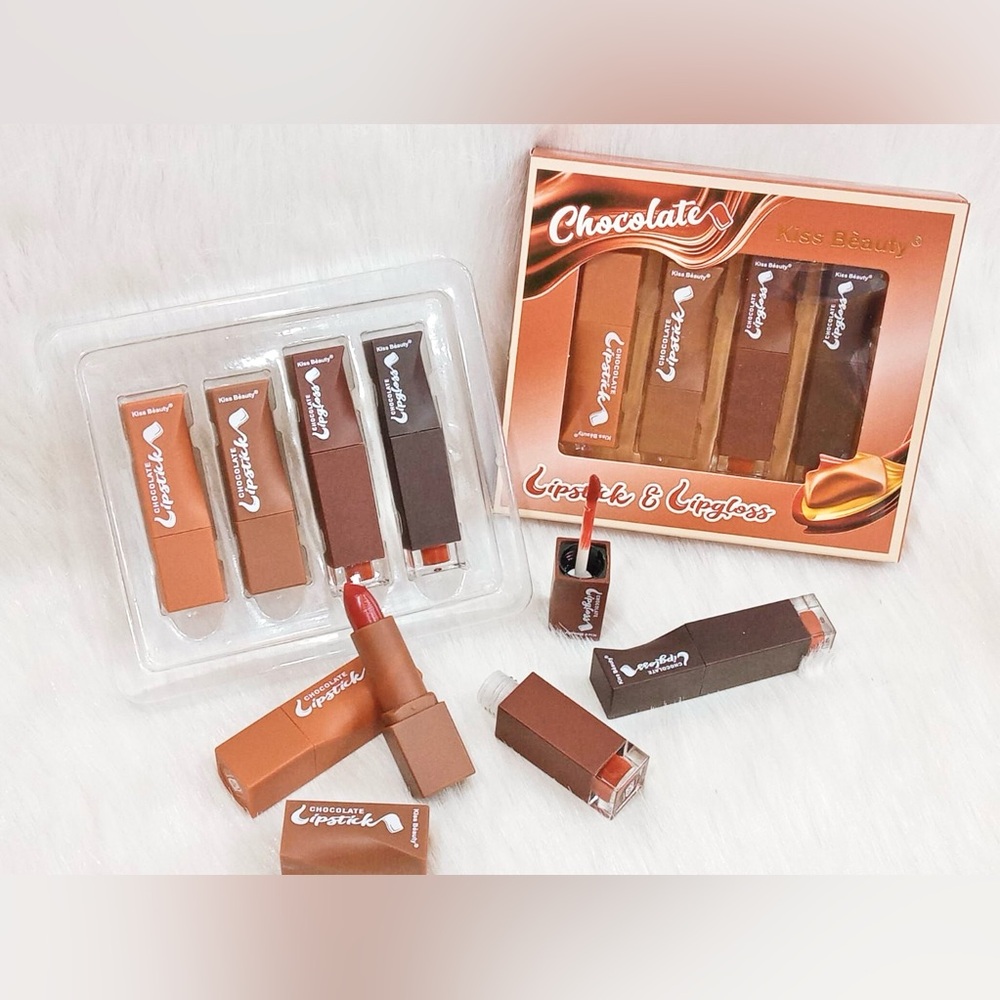 Kiss Beauty Chocolate Lipstick & Lip Gloss Set | 4 Neutral Brown Shades | New